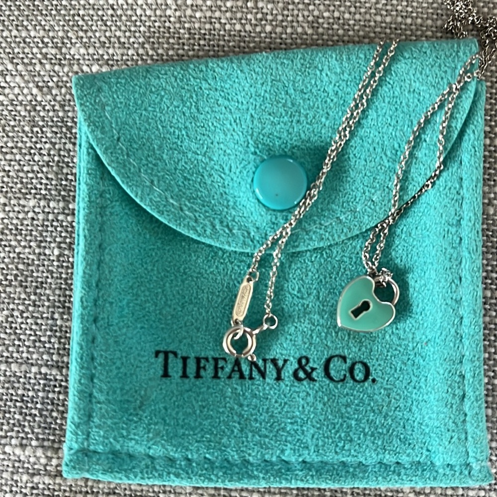 Tiffany & Co Silver & Blue Enamel Keyhole Lock Heart Charm Necklace